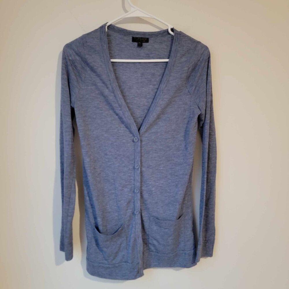 Topshop Blue Cardigan Womens Size 4 Semi Sheer Lightweight Sweater V Neck‎ Slub